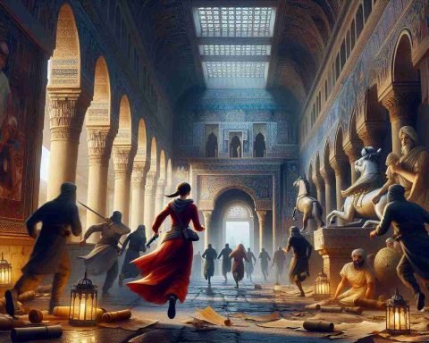 Illustrate a highly detailed and realistic scene set in ancient Alexandria. Capture the rich cultural heritage and architectural complexity of the city, lined with its grandeur hallways, storied statues, mysterious scrolls, and legendary artifacts. Amidst this backdrop of history, showcase an enthralling scene of a crime committed by a South Asian female criminal in the act of stealing these priceless treasures, surrounded by the pursuing local authorities of varied descents and genders, signifying the immediate trouble she's in. Focus on portraying the tense atmosphere of the chase and the intricacies of the shared heritage at risk.