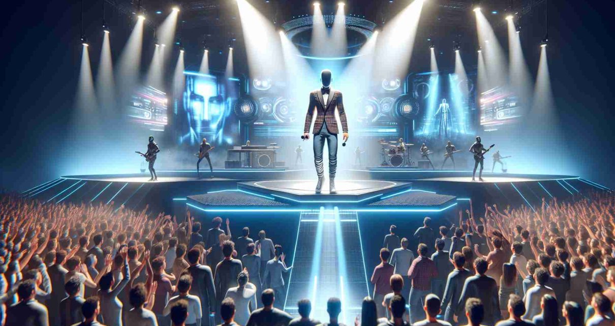 A realistic high-definition image depicting the future of live music. The scene shows an innovative concert scenario, inspired by the advancements in the music industry. On stage, an anonymous popular male musician is performing, characterised by his distinctive athletic physique and iconic fashion style, reminiscent of popular artists of our times. The concert is filled with cutting-edge technology, including impressive light shows, holograms, and futuristic audio gear. The crowd is ecstatic, a mix of various races and genders, their faces lit up by the bright stage and their excitement palpable.