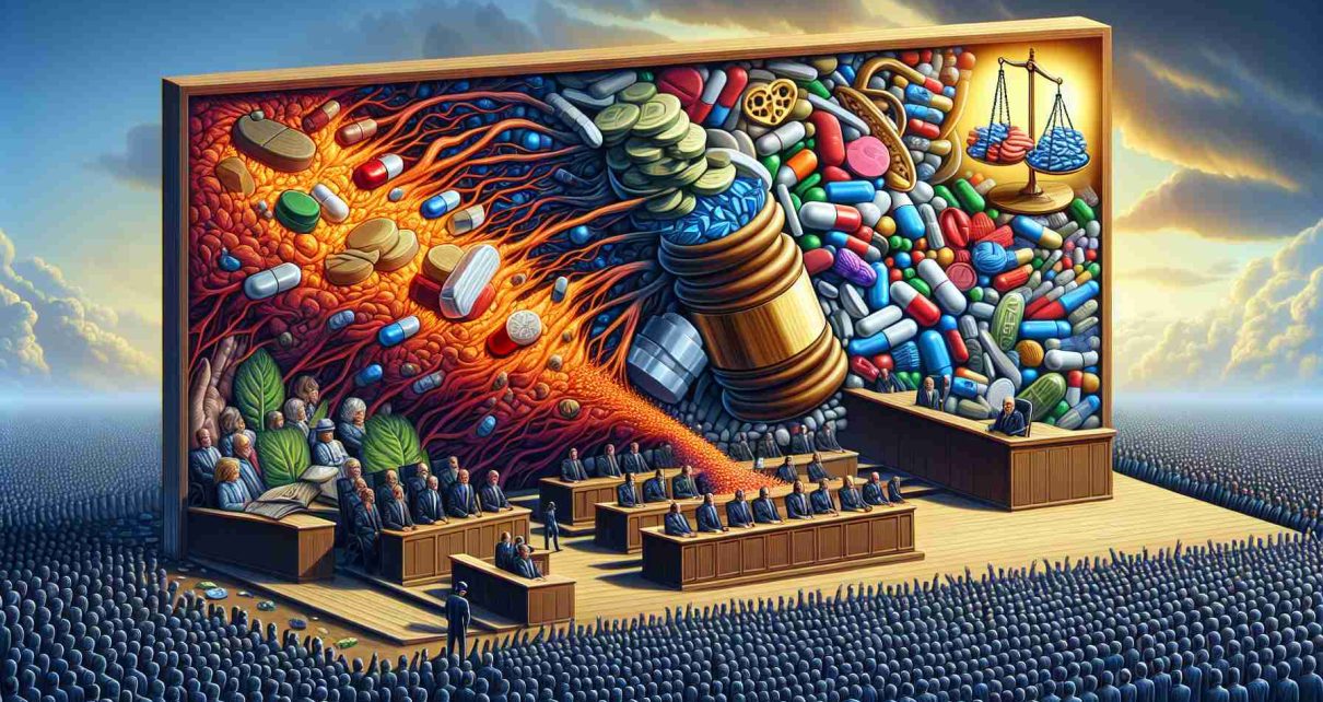 Create a high-definition realistic image depicting a metaphorical illustration of a shocking drug scandal being unveiled. The image should represent an elaborate scheme with many pieces or aspects being revealed. Additionally, illustrate the concept of justice being delayed for thousands of people, perhaps represented through a massive crowd waiting patiently.