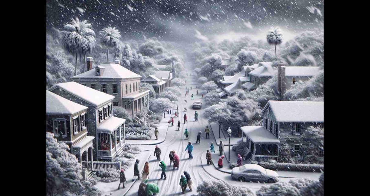 A high-definition, realistic depiction of a surprising winter weather event in the southern regions. The scene shows heavy snowfall covering the typically warm and verdant landscapes, with the deep snow contrasting sharply against the southern-style architecture of houses. People, bundled in heavy winter clothing, appear to be navigating the transformed streets, their expressions a mix of surprise and fascination at the unusual weather.