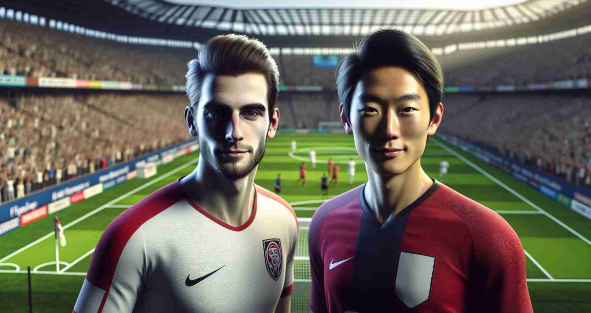 A high-definition, realistic image of two anonymous male athletes in the heart of a stadium. One of them is a Caucasian male who should resemble an accomplished midfielder with dynamic movement and a strong athletic build. Next to him, display an Asian (specifically, of Japanese descent) male, also a midfielder, noted for his quick agility, excellent ball control, and noteworthy game strategy. The backdrop should be a well-manicured soccer field during daytime, with the stands packed with passionate fans. Please ensure a sense of camaraderie and teamwork is vividly translated through their body language.