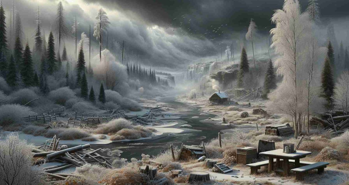 Generate a realistic, high-definition image of an upcoming harsh winter. The scenery should depict signs of the impending season's severity, such as dark clouds gathering, strong winds blowing, and a heavy snowfall beginning to cover the landscape. Components of the scene can include frosted trees, a frozen river, and an environment preparing for the cold weather. Foreground might include elements of human life, such as abandoned picnic spots, closed shops or outdoor eateries wrapping up, displaying the societal adjustment for the winter's wrath.