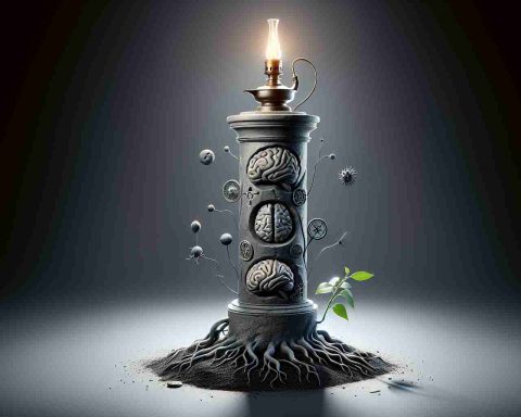 A symbolic representation of the passing of a great neuroscience contributor. The centerpiece of the image could be a towering column representing neuroscience, with various symbols of the brain, neurons, and synapses etched into the stone. At the top sits an old-fashioned oil-burning lamp, its flame flickering and about to extinguish, indicative of the eminent loss. However, rooted in the base is a seedling, symbolic of a renewed life, showing the legacy that will live on. The image should have an overall sense of solemn respect, but also hope and continuity, captured in high-definition realism.