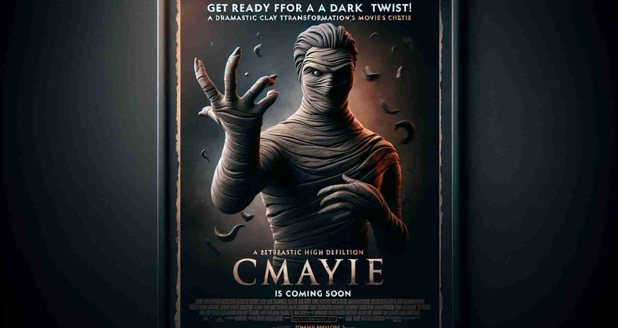 Create a realistic high definition cinematic poster depicting the exciting news of an upcoming dark-themed movie about a character made entirely out of clay, who is known for continually changing his form. The text on the poster should read: 'Get ready for a dark twist! A dramatic clay transformation movie is coming soon!'