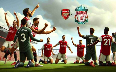 High-definition image depicting a hypothetical football game where Arsenal overpowers Manchester United, with the players showcasing determination and high spirits. Show their elation and United's disappointment after the match. In the background, visualize Liverpool, symbolically represented as a challenging goal on the horizon for Arsenal.