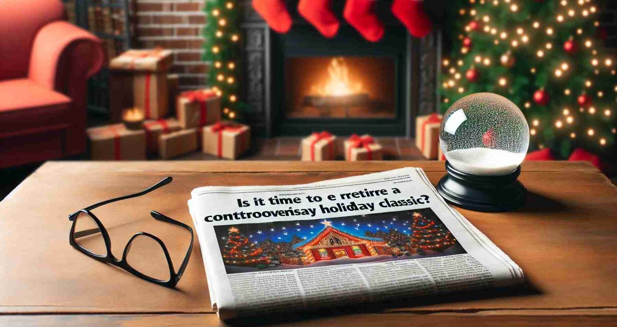 An HD photo of a newspaper headline reading 'Is It Time to Retire a Controversial Holiday Classic?', complete with a background of a cozy room decorated for holidays with a fireplace, stockings, a Christmas tree with twinkling lights, and a snow globe on a wooden table. Beside the newspaper, a pair of eyeglasses rests highlighting the feel of relaxation and holiday spirit.