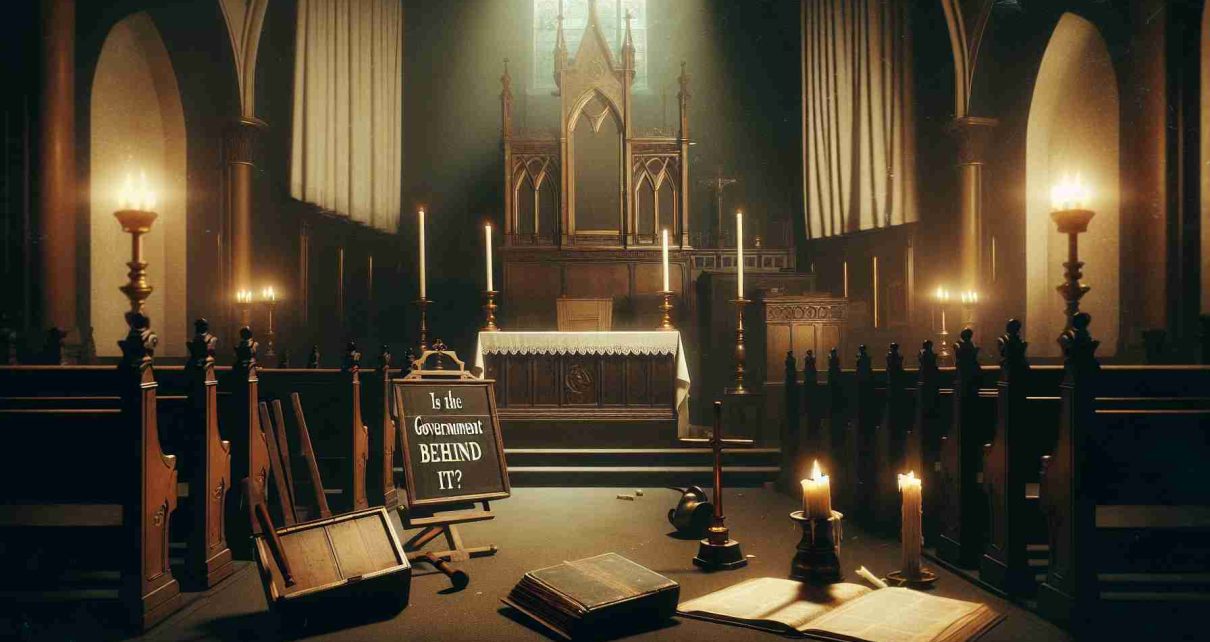 An aesthetic depiction of a dimly lit, old-fashioned church interior. The focus of the scene should be on an empty pulpit, to suggest the absence of a priest. There should be symbols of uncertainty and confusion scattered around, like an open holy book, knocked-over candlesticks, and an abandoned clerical robe. A brooding aura should permeate the entire scene. In an unobtrusive corner of the image, inscribe the words: 'Is the government behind it?'