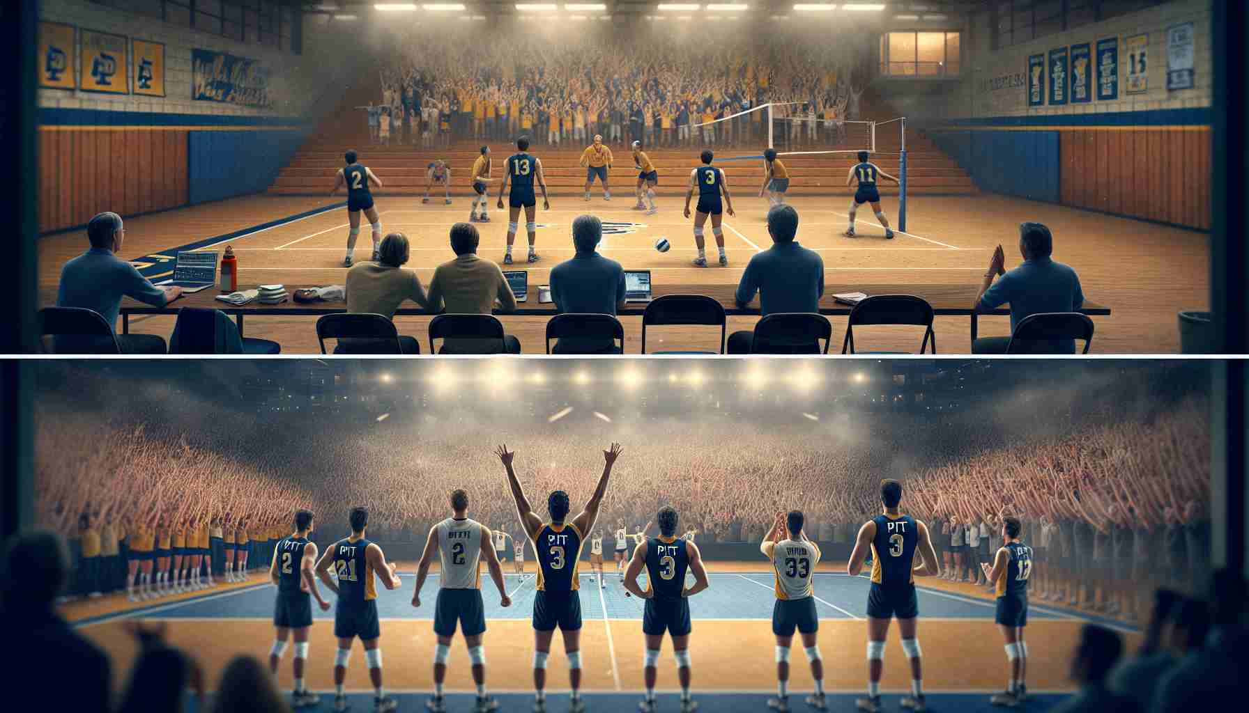 Create a high-definition, realistic image that tells the story of Pitt Volleyball's rise, from being underdogs to becoming a powerhouse. The bottom part of the image should depict the team when they were just starting, perhaps practicing with worn-out equipment and barely any spectators. As the scene transitions to the top, display scenes of them winning, with a modern, bustling stadium full of cheering fans in the background, celebrating their transformation into champions.