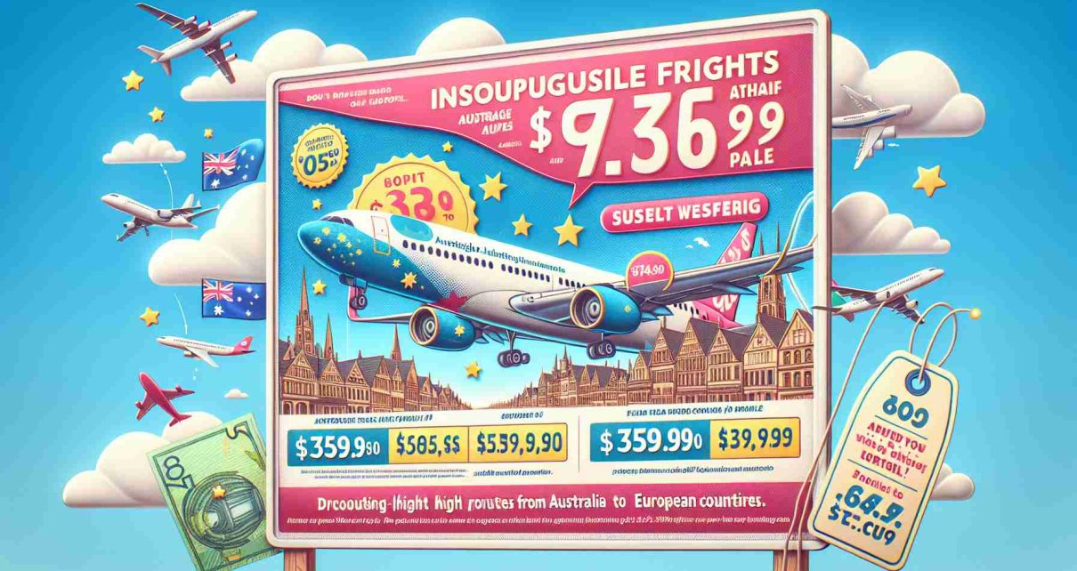 Generate a high-definition picture of an advertisement for inexpensive flights from Australia to Europe. The image should give the viewer a sense of urgency, indicating they should not miss out on this opportunity. Perhaps feature elements like airplanes, discounted price tags, brief flight routes from Australia to European countries, and appealing tag lines.