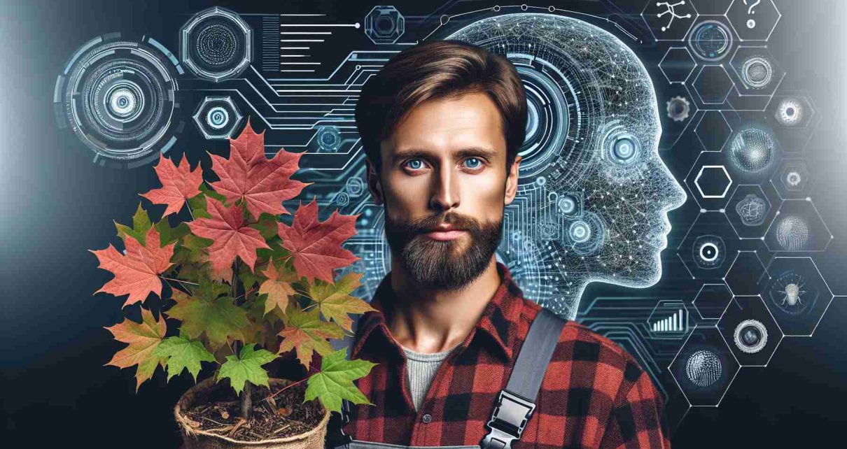 Generate a high-definition, realistic image of a person, highly regarded for his mastery in maple cultivation, known as 'The Maple King'. This individual is caucasian, has a beard, and is often seen wearing a flannel shirt and a work hat. Next to him, depict an advanced Artificial Intelligence system represented through futuristic technology symbols like holograms, advanced computer interfaces, digital codes etc.