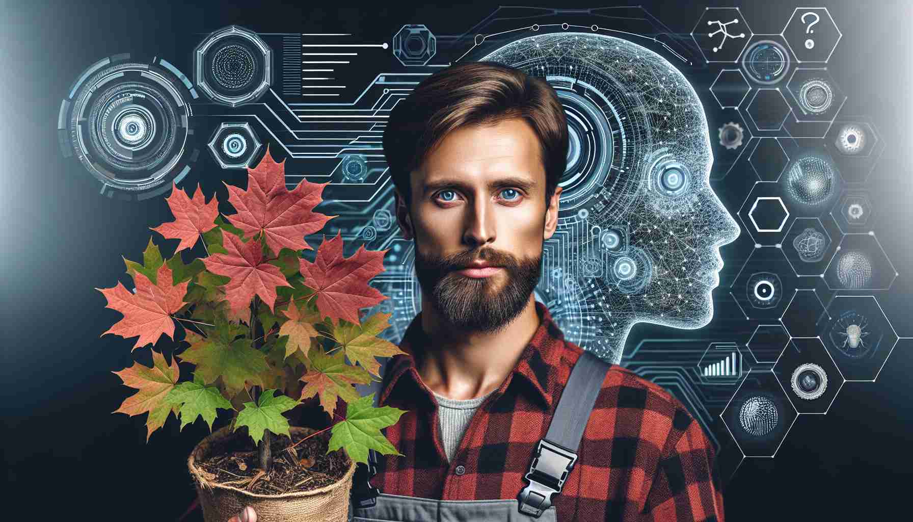 Generate a high-definition, realistic image of a person, highly regarded for his mastery in maple cultivation, known as 'The Maple King'. This individual is caucasian, has a beard, and is often seen wearing a flannel shirt and a work hat. Next to him, depict an advanced Artificial Intelligence system represented through futuristic technology symbols like holograms, advanced computer interfaces, digital codes etc.