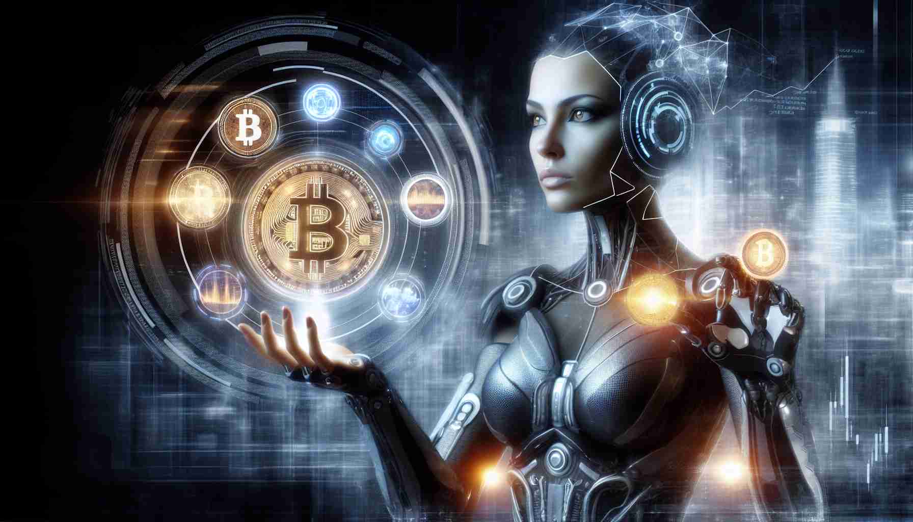 An HD quality, detailed image of a female persona associated with cryptocurrency. She is popularly known as Hawk Tuah Girl, and is seen symbolically representing the revolution in trading. Her representation is modern, innovative and symbolizes progress. She holds a futuristic device showing digital coins and charts in her hands to signify her association with tech and trading. The background is of an advanced cityscape to underscore the theme of evolution and technology.