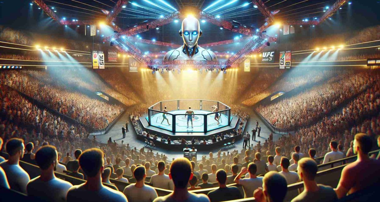 A high-definition, realistic image capturing the essence of an imagined event, 'UFC 310: The Future of Combat Sports', envision a vibrant scene unfolding in a packed stadium lit with bright lights. The adrenaline-pumping fights are happening in the octagonal cage in the center. Audiences are cheering, fighters are sparing, using precise punches and kicks. The special highlight being the AI referees, represented as humanoid figures with sleek metallic bodies and electronic eyes, keeping a close watch on the fights, ready to make fair judgments. Banners hung around the stadium indicating the significance of this event.