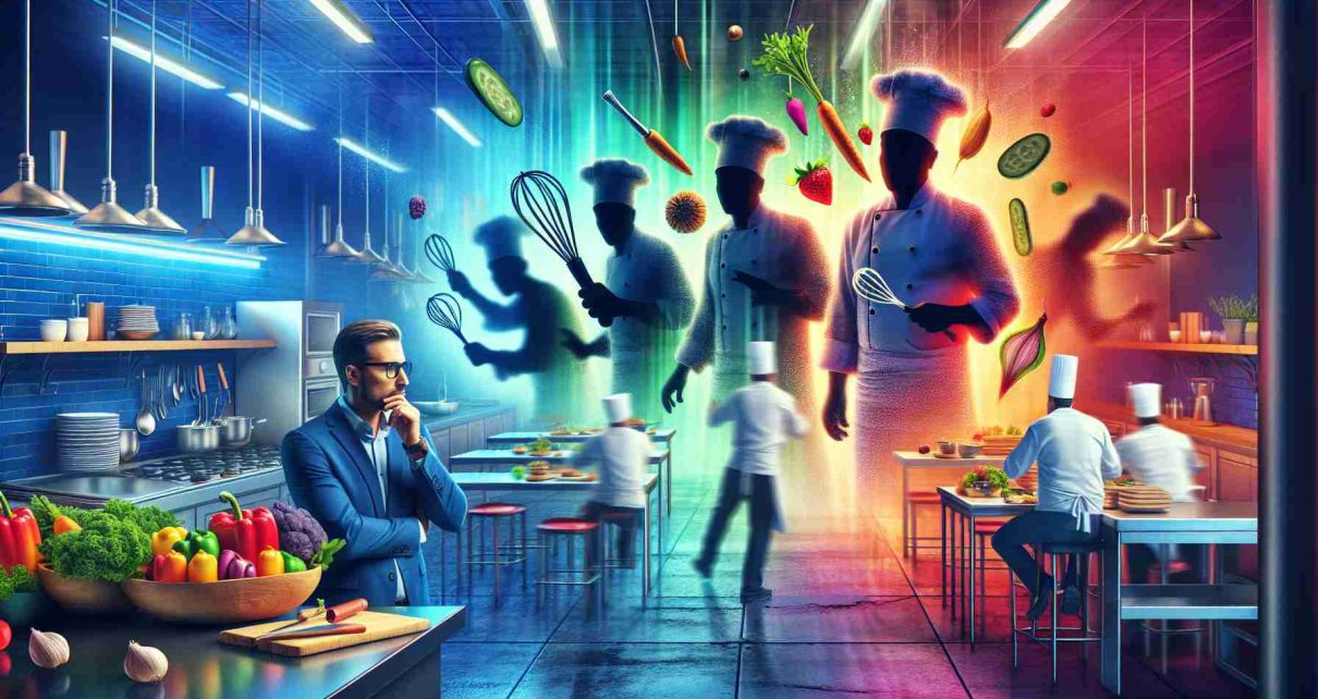 Realistic high definition image of a major cooking show's future appearing uncertain, with unexpected potential replacements causing a surprise. Imagine this as a vibrant scene featuring a busy kitchen environment, colorful culinary equipment, mysterious shadows hinting at unknown chefs ready to step in, and a worried network executive overlooking the scene.