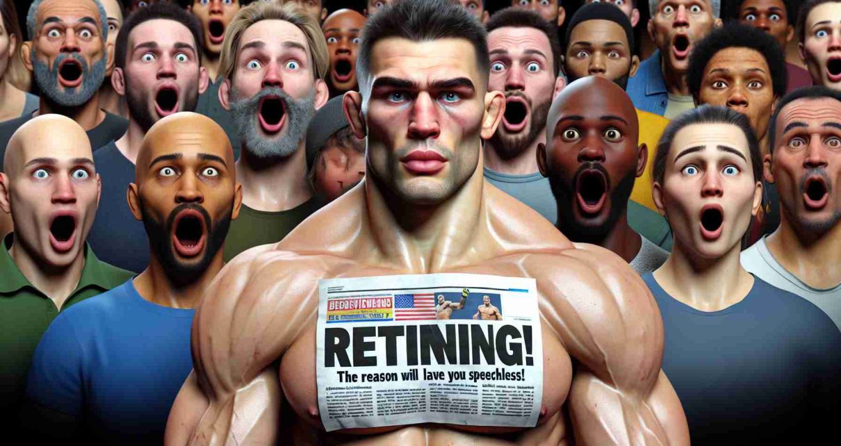 A high-definition, realistic image showcasing a shocking announcement: a prominent Mixed Martial Arts athlete, with a muscular and fit physique, is retiring. Meanwhile, the surprised reaction, represented by dropped jaws and widened eyes, of his diverse fan base, including men and women of Caucasian, African, Hispanic, Asian, and Middle-Eastern descent, is in the backdrop. Furthermore, the suspenseful headline reads: 'The Reason Will Leave You Speechless!'