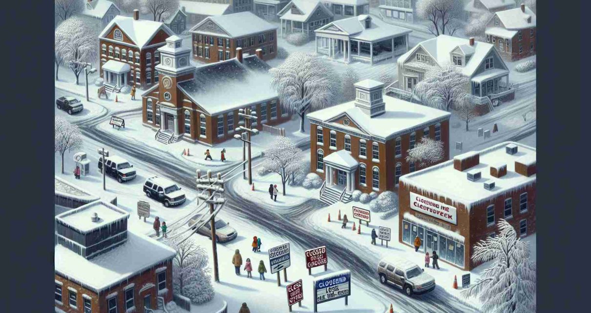 High definition illustration of a winter scene in a town, encapsulating the hardship of schools and businesses during a severe ice storm. Show the exterior of closed schools and businesses, with signs indicating closure due to weather. The surroundings should be covered with a thick layer of ice, including the roads, sidewalks, trees and cars. There should be people, of various gender and descent, attempting to navigate the ice-covered streets, illustrating the struggle coping with winter weather.