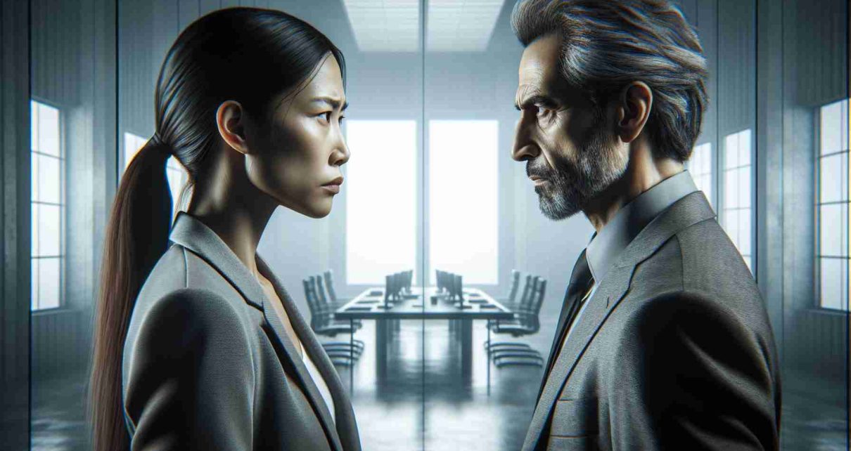 A realistic, high-definition image depicting a high-stakes confrontation. Two former partners, both mature and experienced operatives, face off in a stark, modern setting suggestive of an international investigative agency's office. One is an Asian woman, stern and unyielding, while the other is a Middle-Eastern man, his expression grave. Cold, neutral tones dominate the image, highlighting the tension between them.