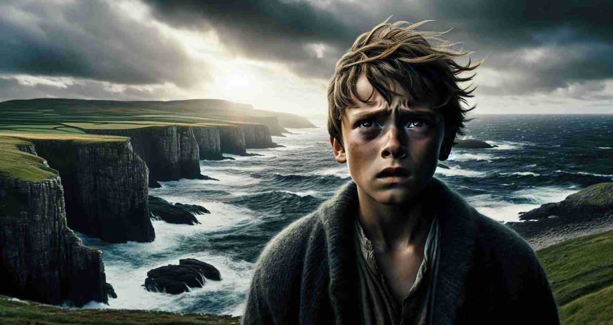 High-definition, realistic image of a dramatic scene in Shetland. A child, who is the offspring of a character named Tosh, confronts an uncertain future. The child's expression shows a mix of fear, anticipation, and resilience. The backdrop is a traditional Shetland landscape with rugged cliffs and the turbulent North Sea.