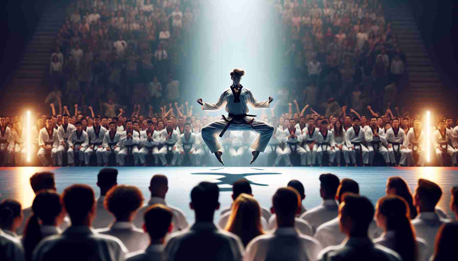 An ultra high definition image capturing an intense atmosphere in a dance competition. Centre stage, there's an individual, notable for their athletic physique and poise, indicative of someone well-versed in martial arts, more specifically Taekwondo. They're executing a complex dance move with agility and grace. The audience around the stage is a hive of excitement and anticipation, their eyes fixated on the performance. The image resonates with a sense of a competition, where an unusual participant, a Taekwondo athlete, is challenging norms, rekindling excitement and wonder.