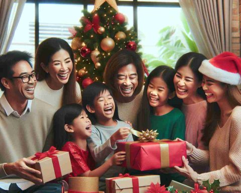 Create a realistic high-definition image portraying a moment of joy and family celebration during the holidays. Showcase an Asian family gathered together around a brightly decorated tree, sharing smiles, laughter, and opening presents.