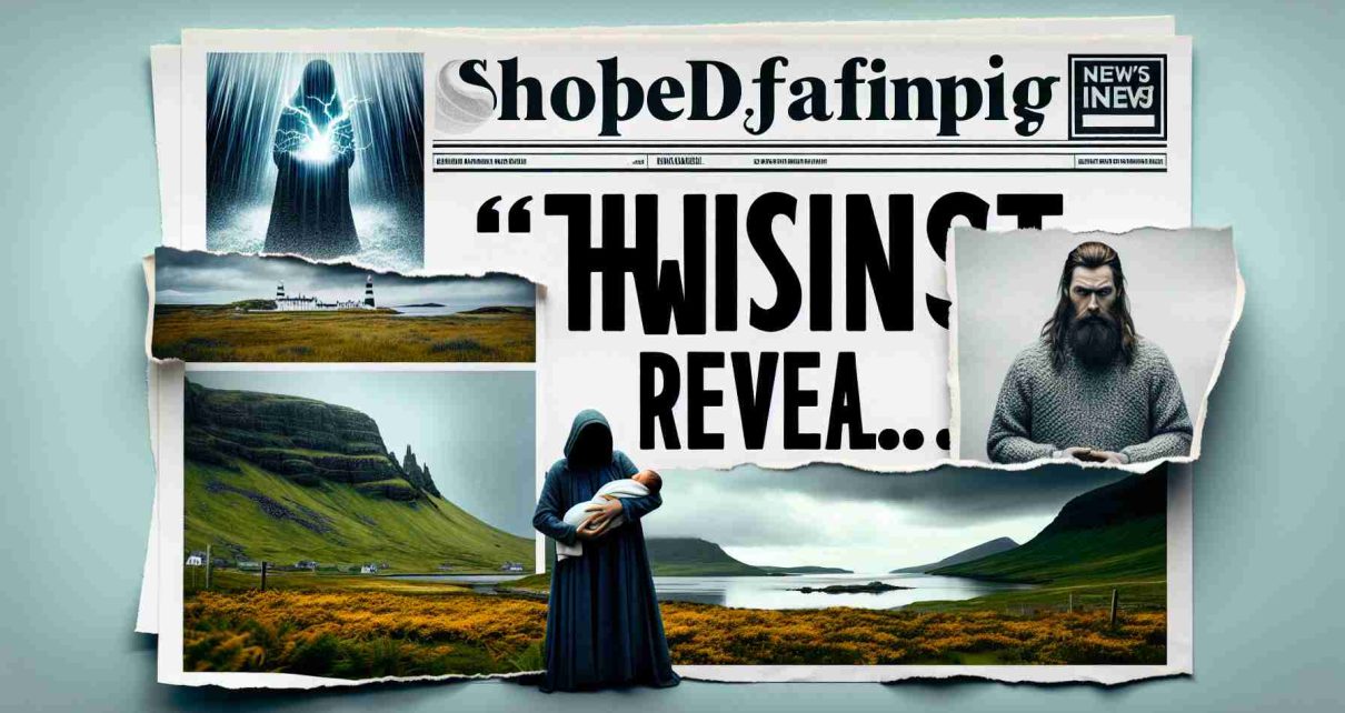 Create a realistic high-definition photo depicting a shocking twist reveal. Perhaps include elements such as a dramatic headline, a mysterious figure holding a newborn baby, and a serene landscape reminiscent of Shetland. The design could also incorporate elements of suspense and surprise consistent with the unveiling of unexpected news.