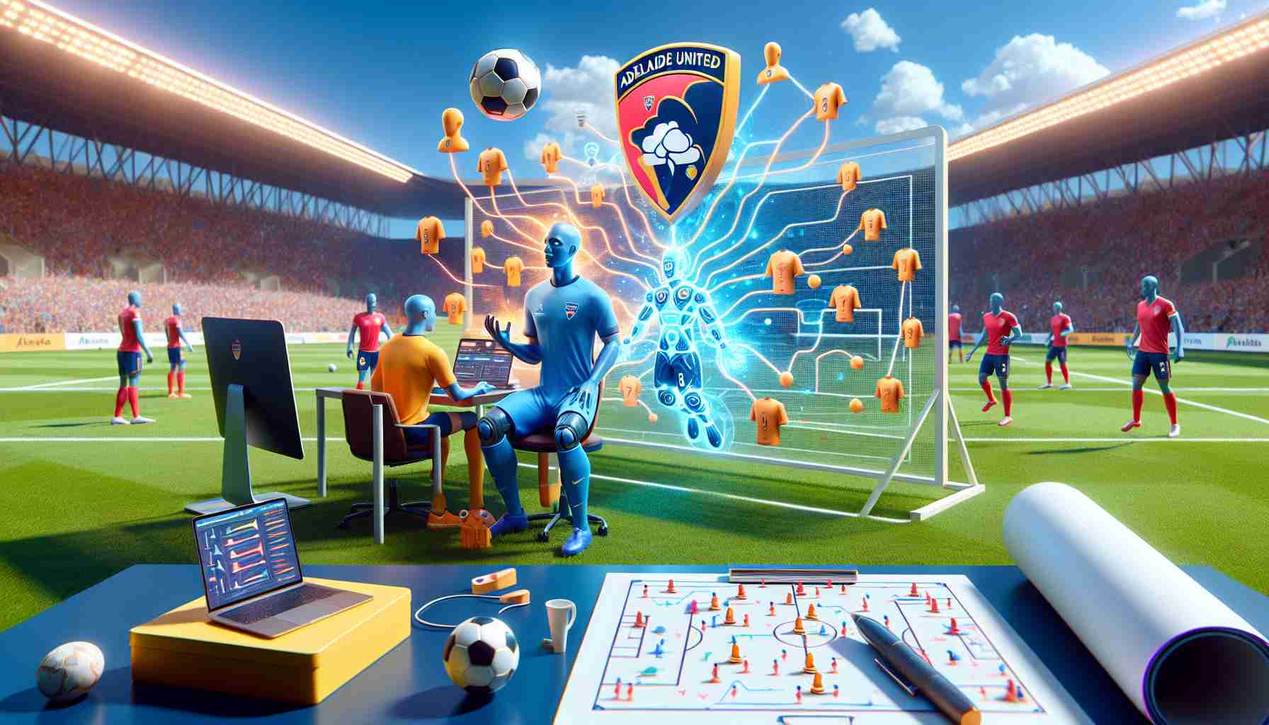 High definition realistic image illustrating an abstract concept of the Adelaide United soccer team embracing artificial intelligence in their football management. The scene should include a symbolic representation of an AI system, like a computer or robot, interacting with various soccer-related items like a ball and a whiteboard with tactical formations. It's daytime with clear blue skies. The club emblem is prominently displayed, and excitement is in the air, symbolizing the revolutionary change happening in football management due to AI.