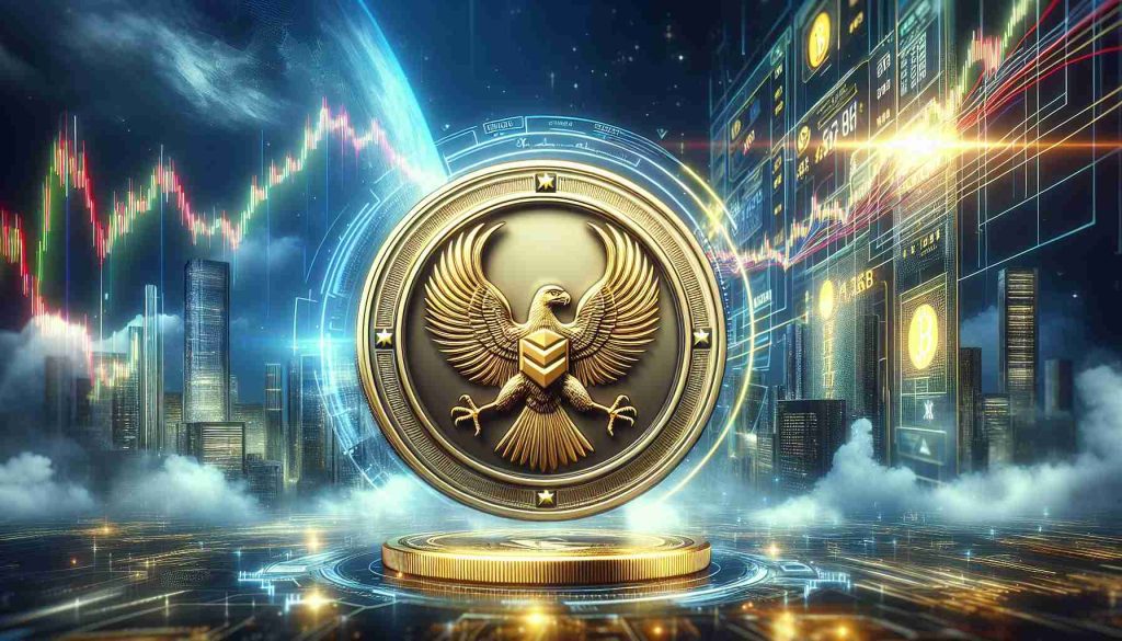 A realistic high-definition image of a shiny golden coin emblazoned with the emblem of a hawk in flight, elegantly soaring through the air. The coin is depicted against the backdrop of a futuristic, digitized cityscape with tall buildings, gleaming neon lights, and glowing screens displaying crypto prices changing dynamically. This image represents the potential impact of new technology that could revolutionize the pricing of cryptocurrencies.