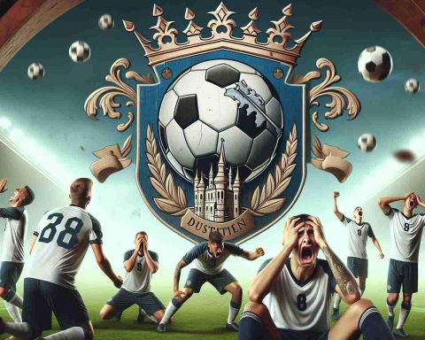 Create a high-definition, realistic image capturing a moment of frustration for a soccer team, which had a promising match end in a draw. The image should show various players on the field reacting to the outcome, their facial expressions reading disappointment. The emblem of the team on their uniforms is a combination of a soccer ball and a castle.