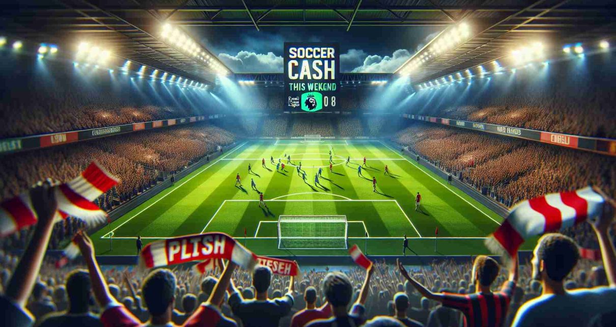 A realistic high-definition image depicting a significant soccer clash event scheduled for this weekend. Focus on the excitement and tension of the upcoming match. Elements include a large, brightly lit stadium filled with cheering crowds holding banners and flags, a vibrant green pitch in the center, and two teams of football players in uniform standing on the pitch, ready for the showdown. The atmosphere is electric with anticipation, capturing the spirit of a Premier League match.