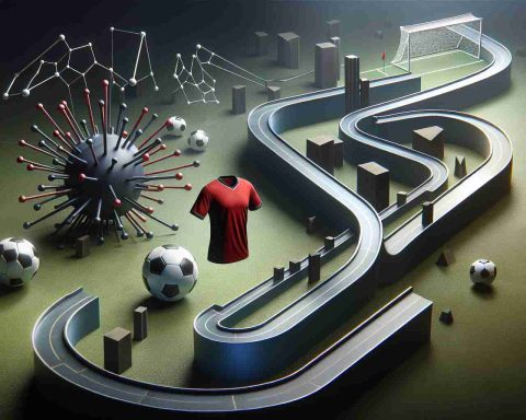 A realistic, high-definition illustration that visualizes the concept of a soccer team, symbolized by a red and black jersey, facing off against a series of abstract, formidable tasks that represent unexpected challenges in their season. A curved pathway with obstacles interspersed along it represents the team's journey. The overarching atmosphere should evoke suspense and anticipation.