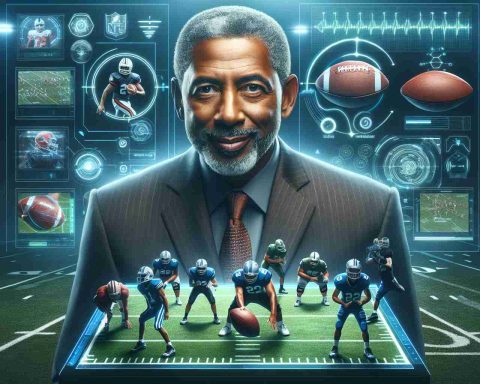 Create a hyper-realistic, high definition image symbolizing the potential future of college football. Include a confident, potentially game-changing central figure- a middle-aged, African American man, presumably with the role of a coach or strategist, making a bold move on a digital play diagram. Surround him with high tech equipment, and signs of revolutionary technological advancements in the sport. Don't depict any particular person, but focus on the general concept.