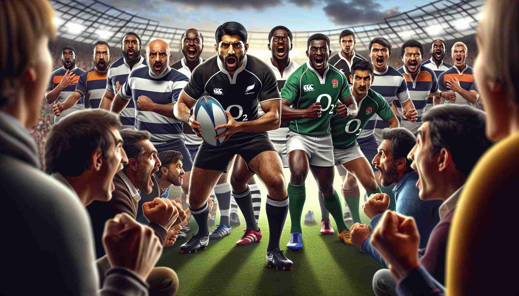 A HD quality image showcasing a thrilling rugby match in action. The scene captures the intense energy and anticipation just before a showdown between the two teams. A diverse lineup of players, South Asian and Black, each exhibiting remarkable athleticism and determination can be seen, ready to tackle the match. The surprised expressions on the spectators' faces echo the unpredictability of the game. Include details such as the green playing field, players in their uniforms, and the spectators filled with mixed feelings of excitement and suspense. Remember to portray the spirit and vigor of a true rugby showdown.