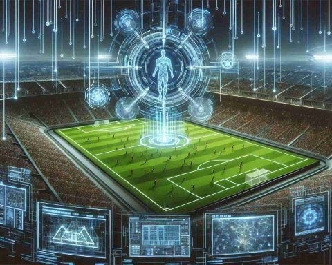 Generate an image showcasing an advanced technological environment. Visualize algorithms and digital threads permeating a large football stadium, implying the application of artificial intelligence in sports. The scene should feature futuristic devices and tools integrated into the stadium and a dynamic game of football in progress under digital supervision.