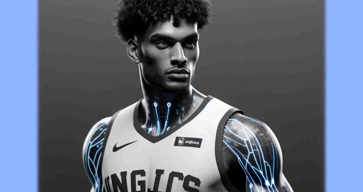 A high-definition, realistic image of an anonymous but dynamic professional basketball player, showing the potential of AI-driven training. He is tall and muscular, with dark skin and short, curly black hair. His intense, focused expression showcases the determination required in his profession. His uniform is covered in imaginary team logos, demonstrating the future of sports science and artificial intelligence.