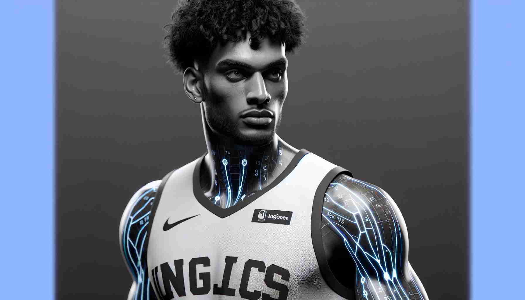 A high-definition, realistic image of an anonymous but dynamic professional basketball player, showing the potential of AI-driven training. He is tall and muscular, with dark skin and short, curly black hair. His intense, focused expression showcases the determination required in his profession. His uniform is covered in imaginary team logos, demonstrating the future of sports science and artificial intelligence.