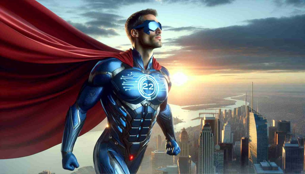 Realistic HD image of a strong character sporting a red cape and blue suit with a unique symbol on the chest, flying above a city skyline during a new dawn. The scene suggests awe-inspiring future possibilities for 2025, with some prominent revolutionary innovations, such as advanced technology and futuristic cityscape, being unveiled.