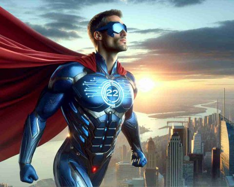 Realistic HD image of a strong character sporting a red cape and blue suit with a unique symbol on the chest, flying above a city skyline during a new dawn. The scene suggests awe-inspiring future possibilities for 2025, with some prominent revolutionary innovations, such as advanced technology and futuristic cityscape, being unveiled.