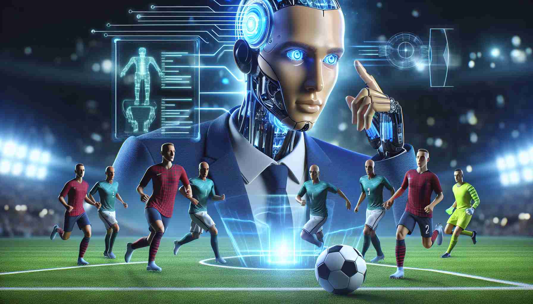 Realistic HD image of artificial intelligence transforming the performance of a prominent football team! Witness the future of football standings!