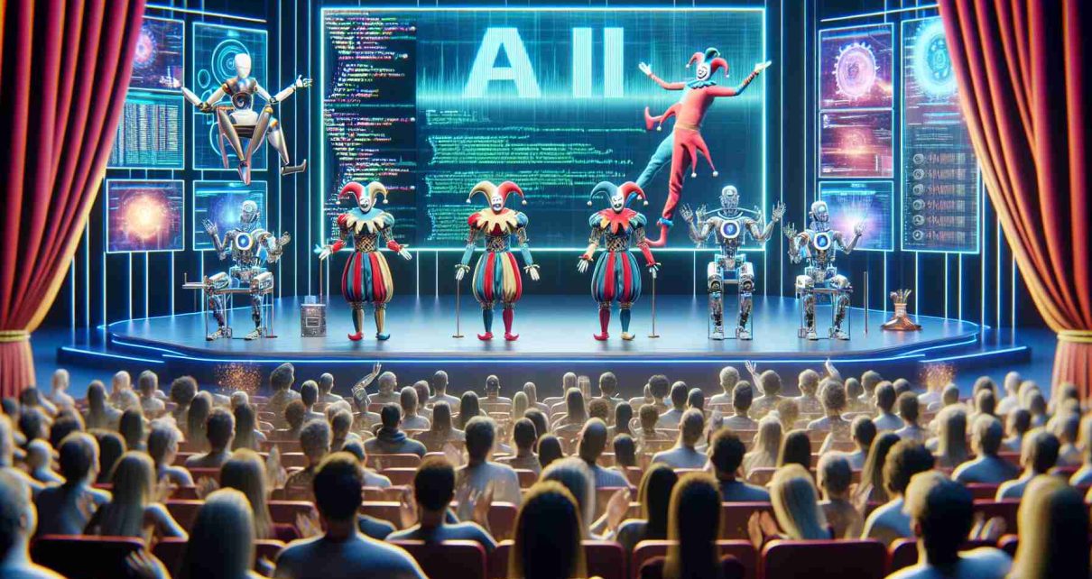 A high-definition, realistic portrayal of an AI-driven comedy theme. The scene captures jesters who are depicted as computer programs or robots, showcasing artificial intelligence capabilities. They are on a stage, set in the modern age, filled with digital hints and elements. They're performing humorous acts, creating laughter among the audience with their algorithm-based jokes and pranks. The surroundings should reflect the integration of technology into comedy, with digital screens displaying complex coding sequences, robotic equipment, and futuristic decor. The atmosphere is joyous, filled with laughter and applauds, showing the successful blend of age-old jesting with cutting-edge AI technology.