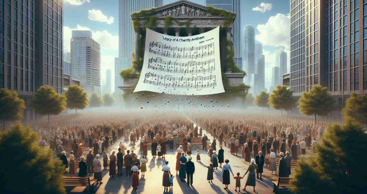 Create a hyper-realistic, high-definition image depicting a metaphorical interpretation of the 'Legacy of a Charitable Anthem' precisely 40 years on. The image should encompass the concepts of charity, unity and the passage of time. Perhaps try illustrating an oversized sheet music for the anthem floating above a diverse crowd, where people representing various ages and descents are gathered in a peaceful outdoor setting. Aspects of the scene should subtly hint at the passage of 40 years, such a building in the background aging or a tree growing.