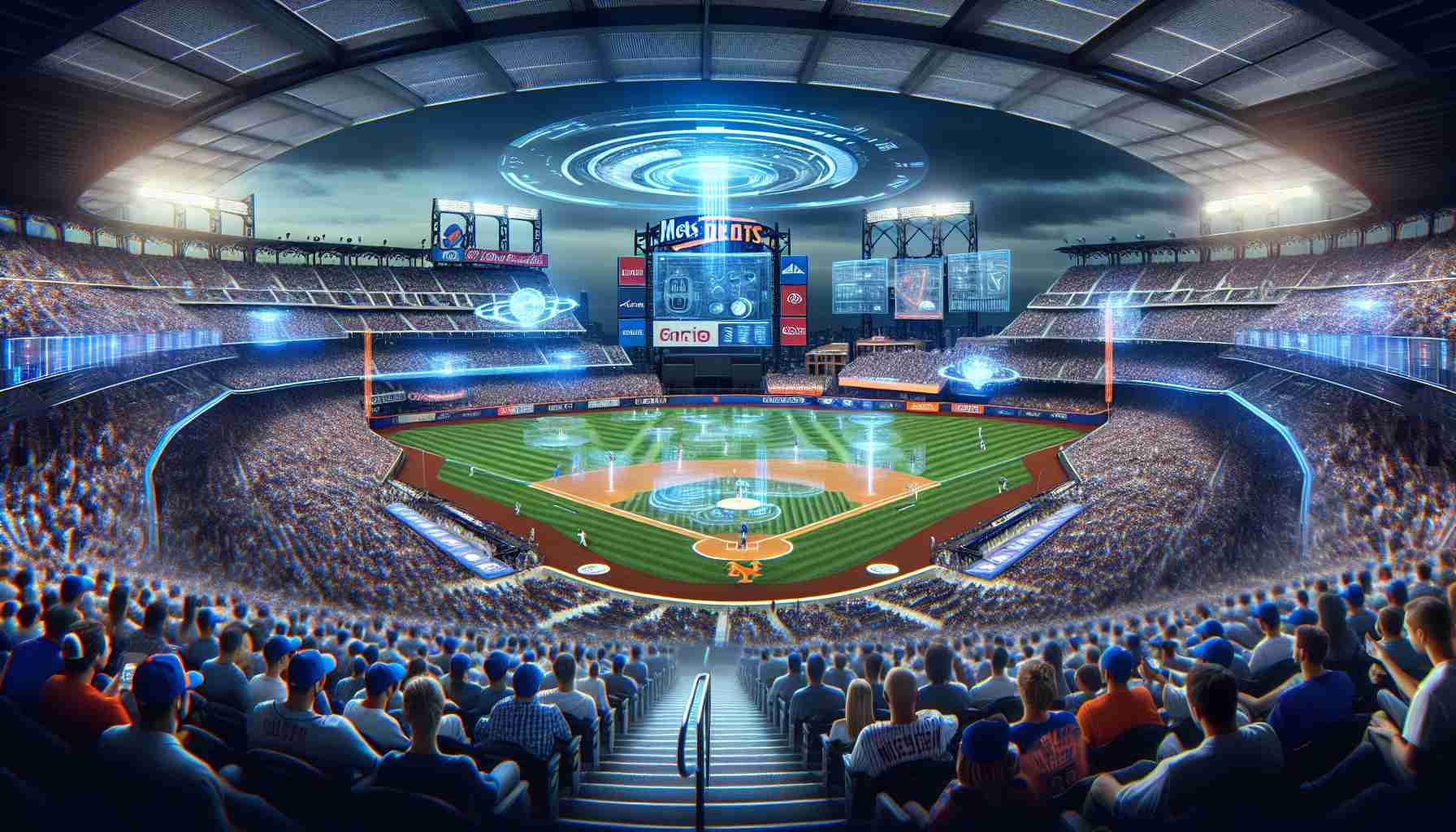 Generate a realistic high-definition image of a future-tech augmented baseball game. Picture a scene where the Mets game is being enhanced by high-tech innovations. Depict an advanced and technologically augmented view of the stadium full of excited fans. Imagine the atmosphere buzzing with the anticipation of the tech-assisted baseball game. Display innovative tech like holographic scoreboards, stats displayed through smart glasses worn by fans, interactive audience participation and futuristic equipment being used by the players.