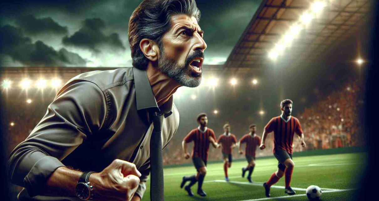 Realistic HD photo of a thrilling football match return to Glasgow: A game of high stakes where the seasoned coach, a middle-aged man of Greek descent with dark hair, is passionately guiding his team.