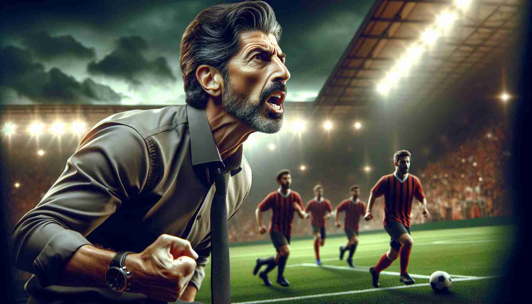 Realistic HD photo of a thrilling football match return to Glasgow: A game of high stakes where the seasoned coach, a middle-aged man of Greek descent with dark hair, is passionately guiding his team.