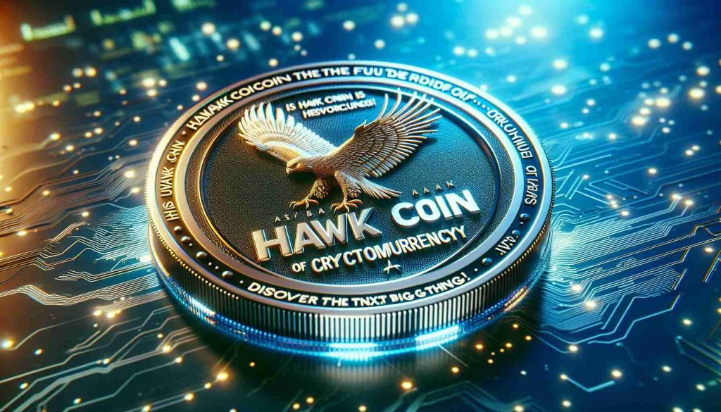 A high definition realistic image of a physical representation of a cryptocurrency coin. The coin is styled with the design of a hawk, symbolizing the 'Hawk Coin'. Below it is a bold captivating question in text, 'Is Hawk Coin the Future of Cryptocurrency?' and a teeming subtitle saying, 'Discover the Next Big Thing!'. The background for this image should be an abstract blur with hints of blues and greens, similar to a digital world, to represent the digital nature of cryptocurrency.