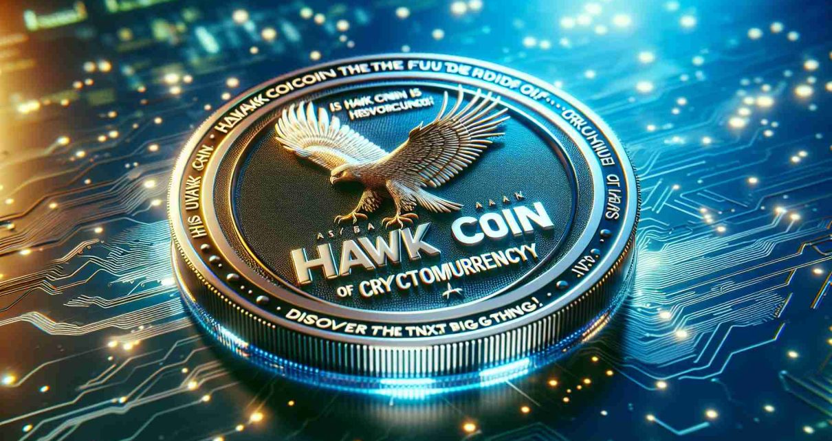 A high definition realistic image of a physical representation of a cryptocurrency coin. The coin is styled with the design of a hawk, symbolizing the 'Hawk Coin'. Below it is a bold captivating question in text, 'Is Hawk Coin the Future of Cryptocurrency?' and a teeming subtitle saying, 'Discover the Next Big Thing!'. The background for this image should be an abstract blur with hints of blues and greens, similar to a digital world, to represent the digital nature of cryptocurrency.