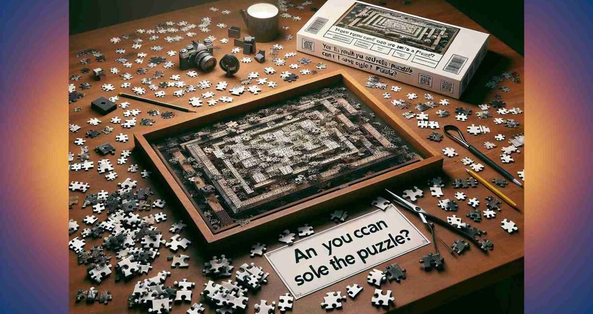 Realistic high definition image of a complex and mind-boggling puzzle that would need a clue to solve. The scene shows a puzzle table with scattered puzzle pieces, the image on the box, and a caption asking if the viewer can solve the puzzle.