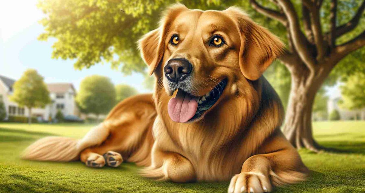 Create a high-definition image of an unforgettable companion, taking the form of an imaginary, loyal canine with a glossy golden coat, intelligent eyes, and an infectiously cheerful grin. Show him in a setting that showcases his charm and charisma, such as a sunny park, where he's playing with a frisbee or resting majestically under a tree.