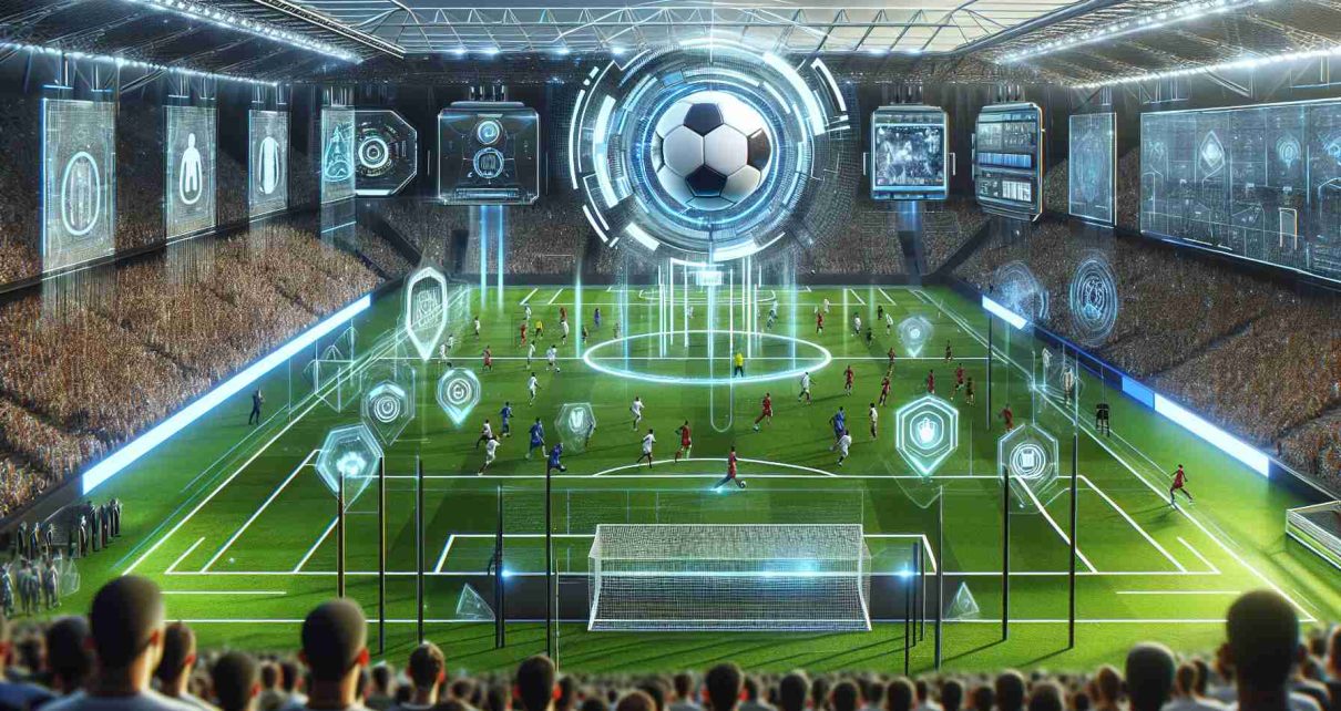 Generate a high-definition realistic image depicting a futuristic soccer field. The field is filled with advanced technology, showing innovatively designed soccer balls, state-of-the-art wearables for players, tech-inspired jerseys, and digital goal posts. The electronic scoreboard has cutting-edge graphics and crowd stands are virtually filled with avid fans. The shot captures the essence of a revolutionized future of football games.