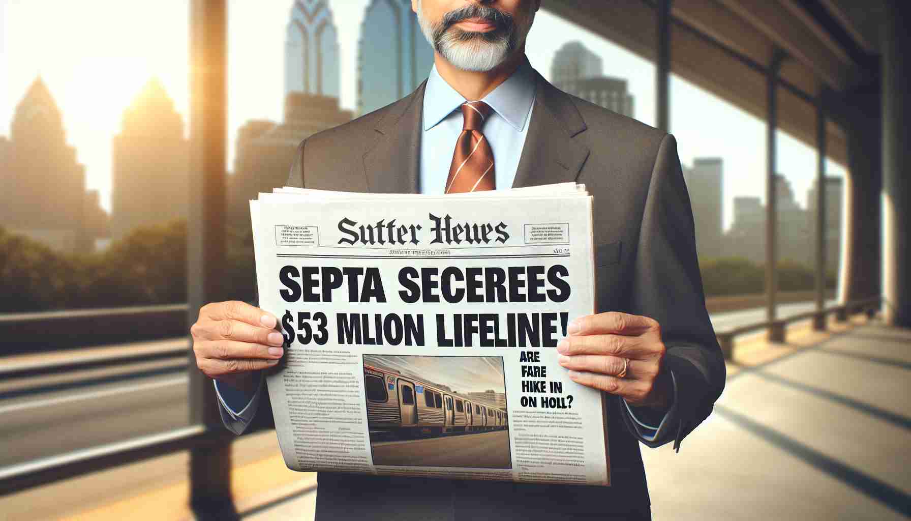 Create a realistic HD photo depicting a banner headline of a newspaper that reads 'SEPTA Secures $153 Million Lifeline! Are Fare Hikes on Hold?'. Make the scene show the newspaper being held by an adult, middle-aged South-Asian man in a business suit, with a blurred cityscape in the background. The newspaper should reflect natural light suggesting a bright sunny day.