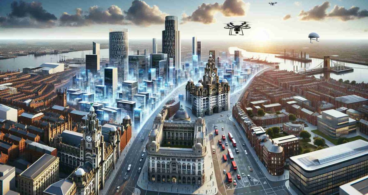 Generate a realistic, high-definition image, portarying the transformation of Liverpool into a technology hub in the future. Imagine the city's historical architecture, like the Liverpool Cathedral and Royal Liver Building, blended harmoniously with modern high-tech buildings. Display skyscrapers made of glass and steel, streets buzzing with autonomous vehicles, drone deliveries in progress, and people using futuristic devices. Lastly, make sure to fill the sky with clean energy sources, representing Liverpool's commitment to sustainable development.